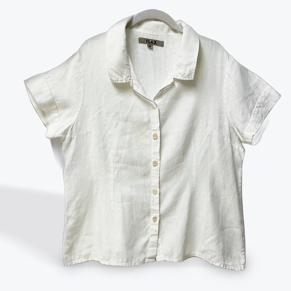 Flax Tops - Flax Womens 100% Linen Short Sleeve Button Down Shirt White Size M Lithuania